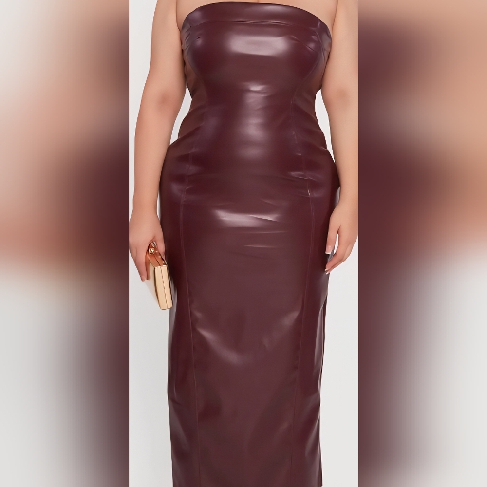 Burgundy Strapless Dress With Backout. PU Leather
